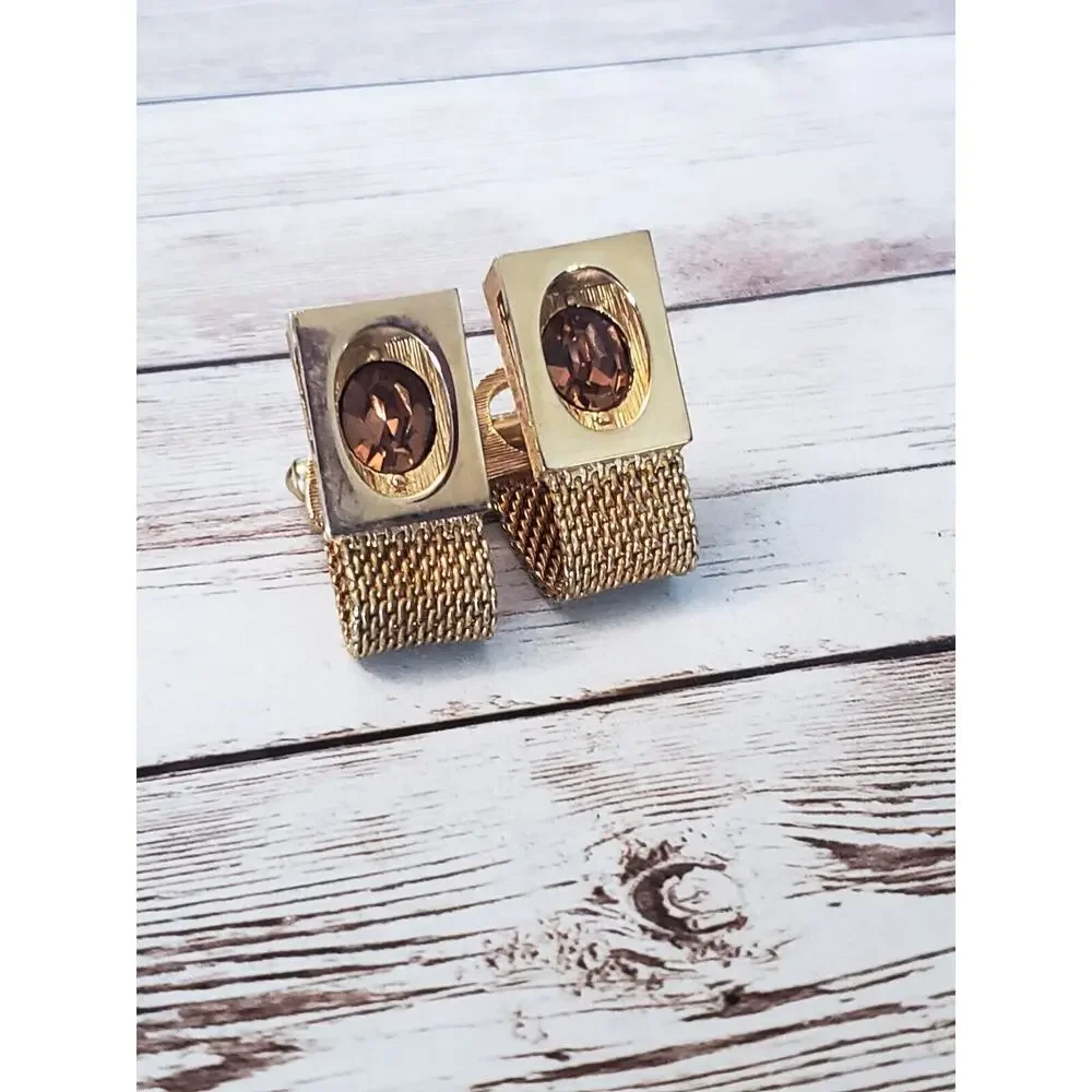 Vintage Cufflinks - Gold Tone & Amber Tone Gem